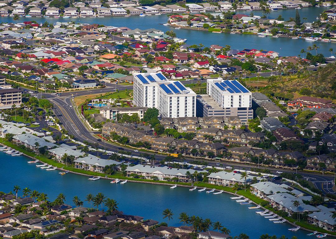 Aerial view of apartment buildings in a residential neighborhood in Hawai'i.