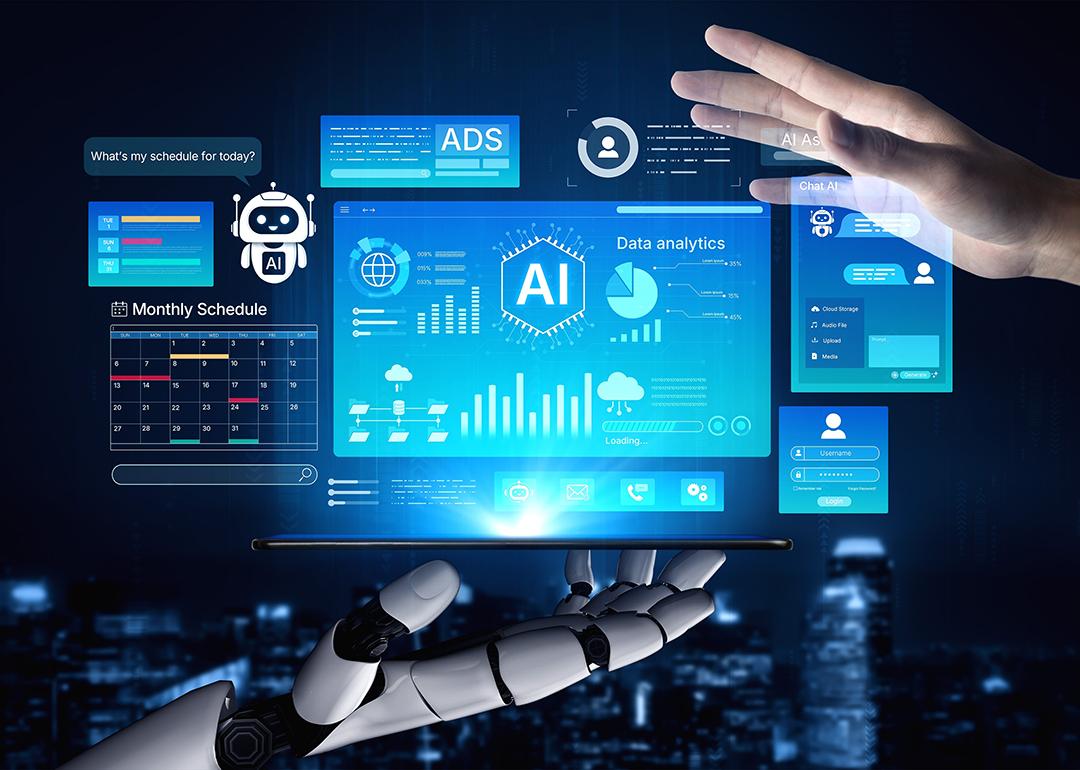 A robotic hand and human hand engage with AI unifying analytics and dashboard graphics.