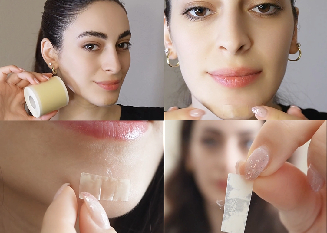 A composite image of a woman trying a hydrocolloid patch on her face.