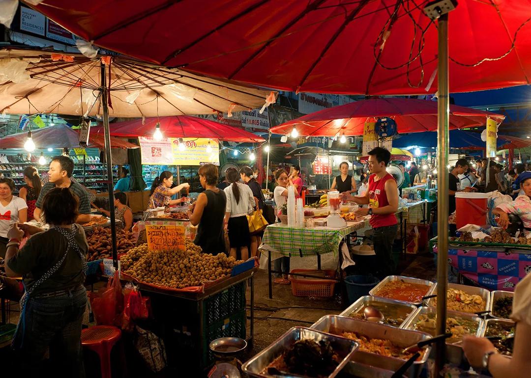 A food market on a street in Bangkok, Thailand.