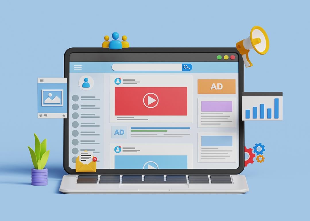 A vector illustration showing social media and marketing icons in a laptop.