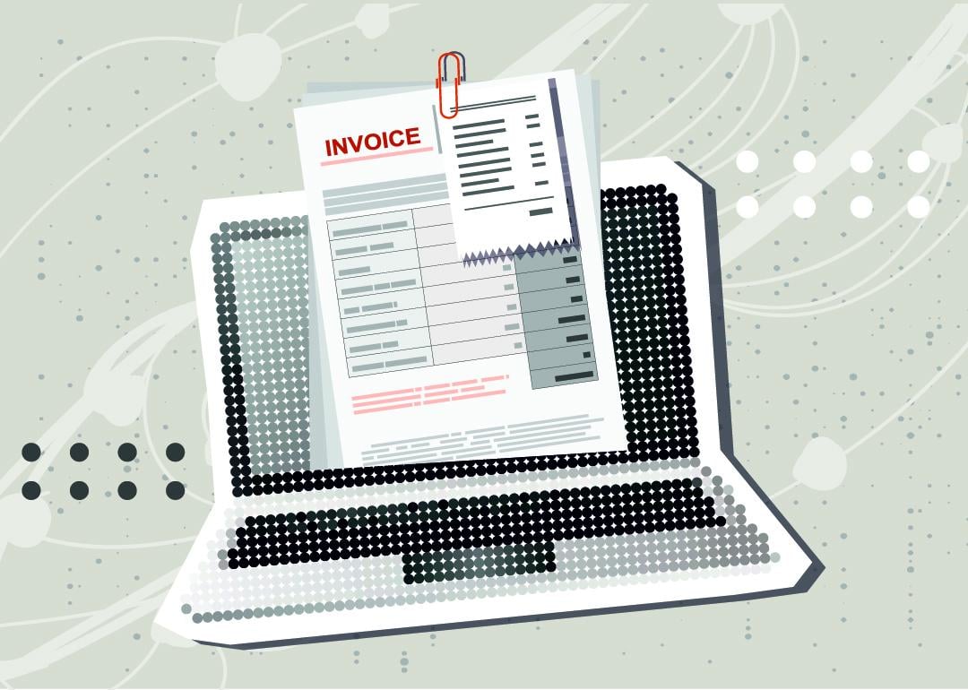 A vector illustration of a laptop showing a digital invoice and online bills.