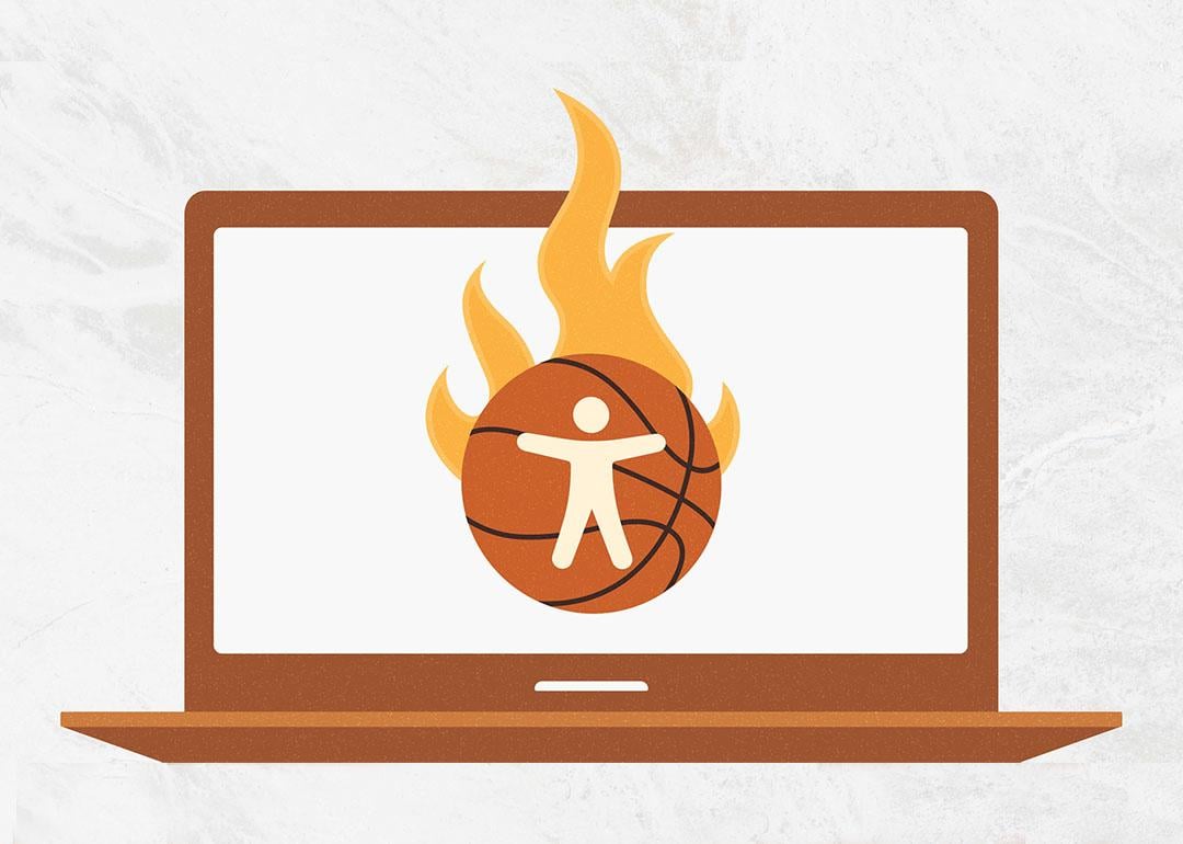 A custom illustration of a laptop featuring a basketball graphic as a concept of March Madness accessibility in the web.