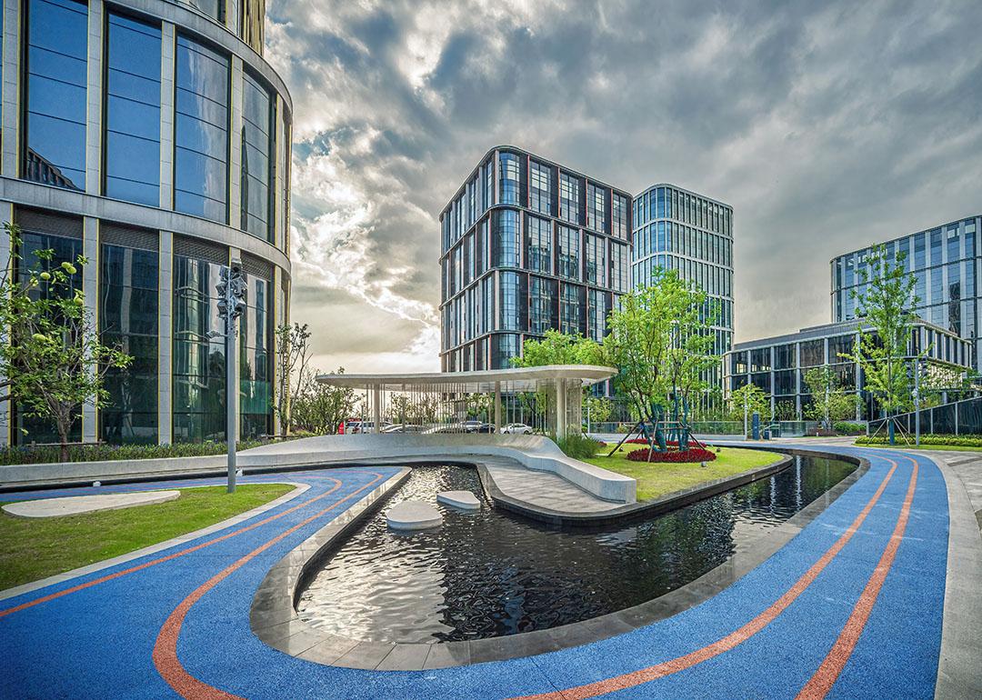 View of buildings of an urban business district with modern, sustainable architecture.
