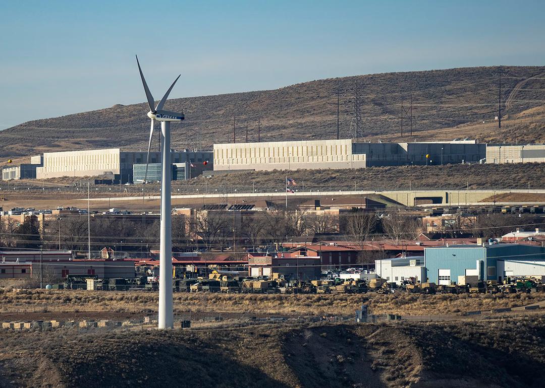 NSA data facility in Bluffdale on Wednesday, Feb 4, 2026. A wind turbine is in front.