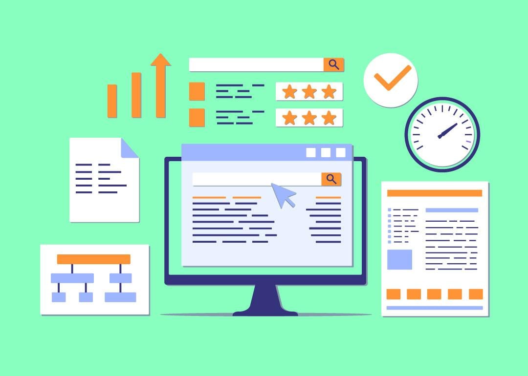 A vector illustration of web and search engine ranking concept graphics.