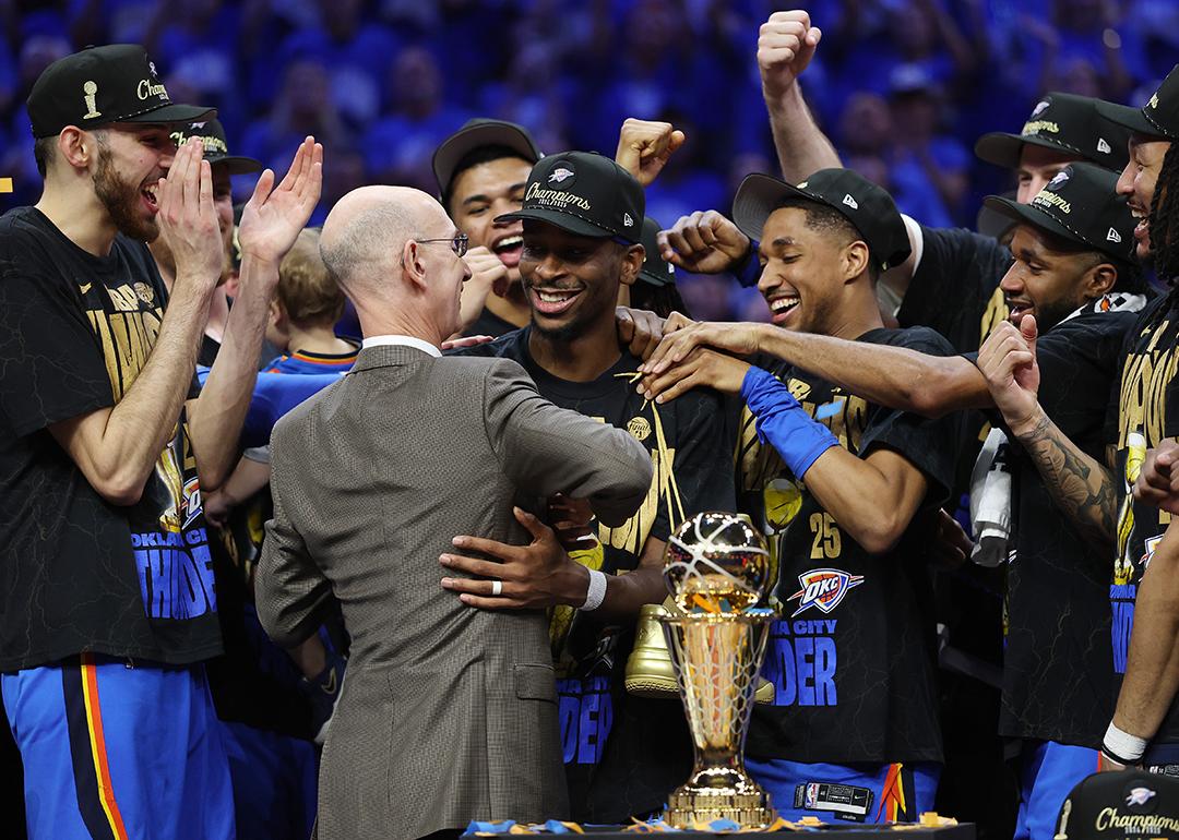The Oklahoma City Thunder celebrating after defeating the Indiana Pacers in Game 7 of the 2025 NBA Finals at Paycom Center in Oklahoma City, Oklahoma.