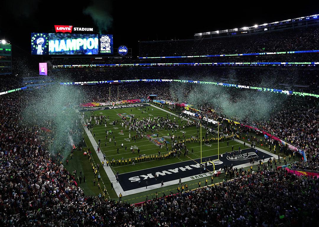 Confetti fills the stadium after the Seattle Seahawks win Super Bowl LX against the New England Patriots at Levi's Stadium on February 8, 2026 in Santa Clara, California.