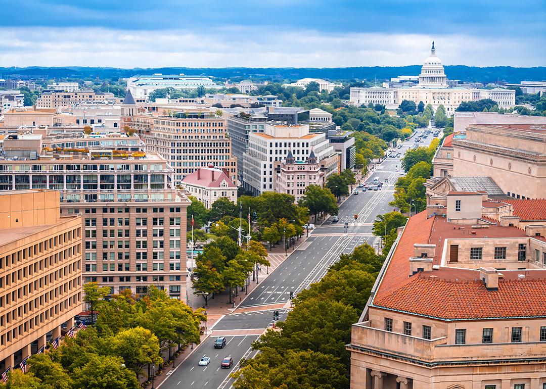 An aerial shot of Pennsylvania Avenue and a view of U.S. Capitol. 