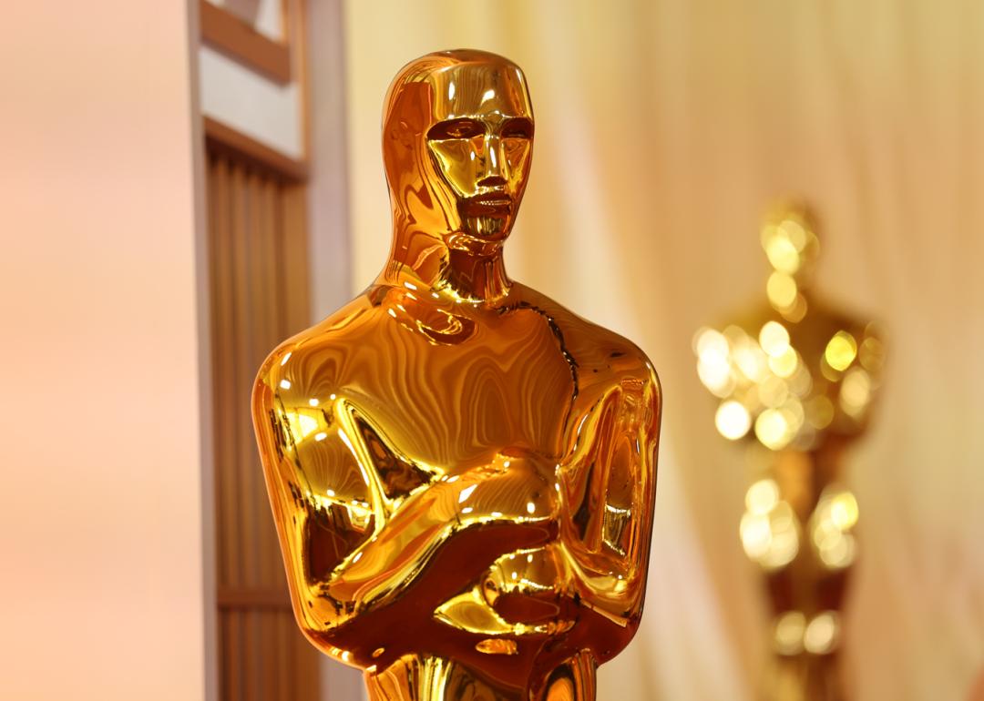 A view of a decorative Oscar statue on the red carpet during preparations for Sunday night's Academy Awards ceremony held at the Dolby Theatre, located within the Ovation Hollywood shopping complex in Hollywood Saturday, March 14, 2026. 