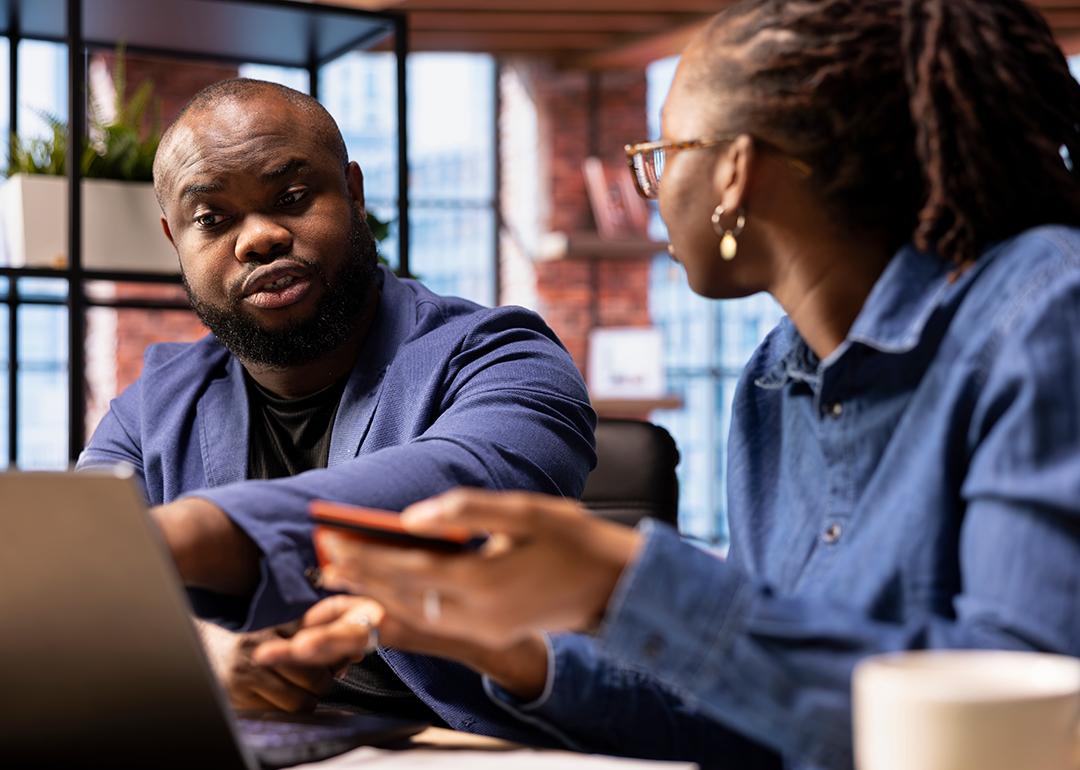 A couple discussing their finances. 