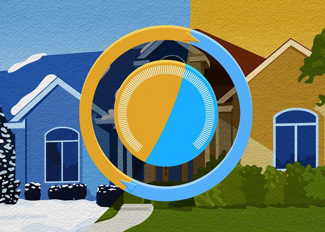 A custom graphic of a heating switch with contrasting illustrations of a home in cool and warm temperatures.