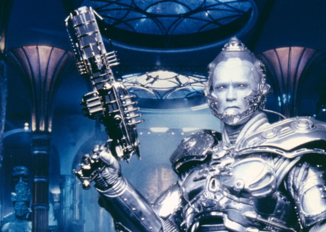 Austro-American actor Arnold schwarzenegger on the set of Batman & Robin, directed by Joel Schumacher.