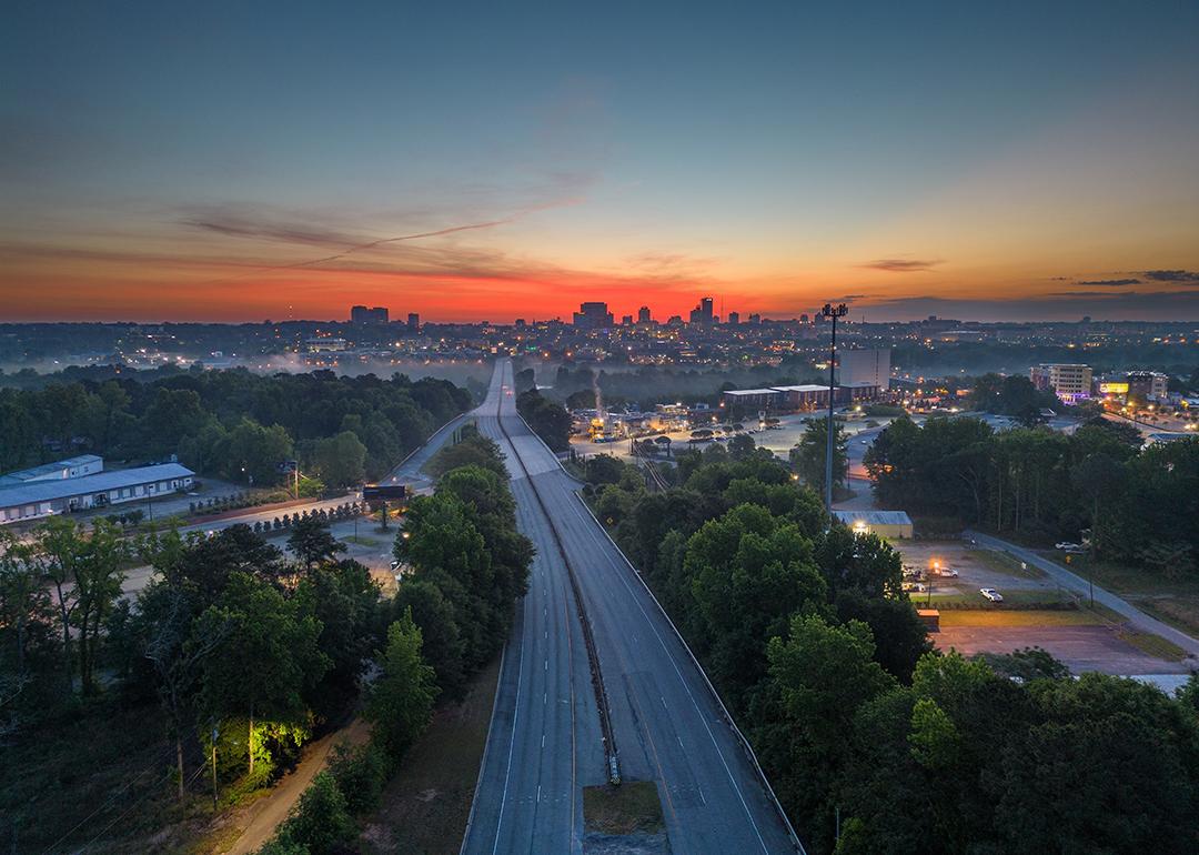 A top view of a highway into Columbia, South Carolina, USA at dawn.