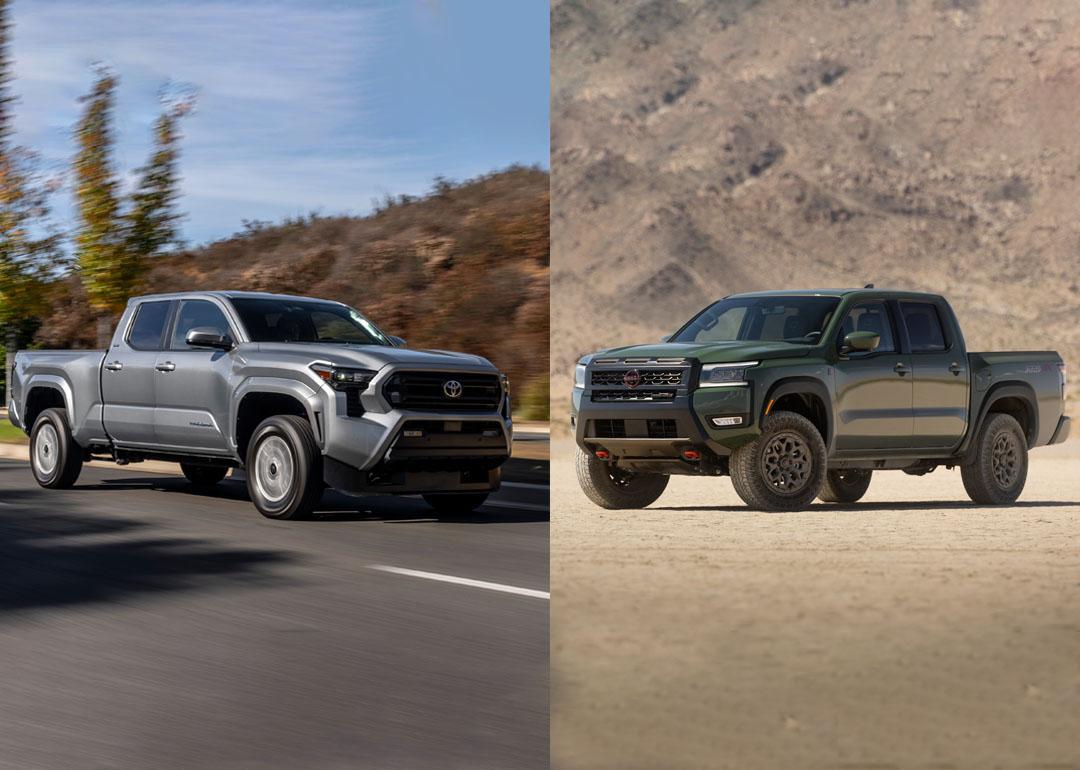 Composite image of grey 2026 Toyota Tacoma on road on the left with a dark green 2026 Nissan Frontier park on dirt on the right.