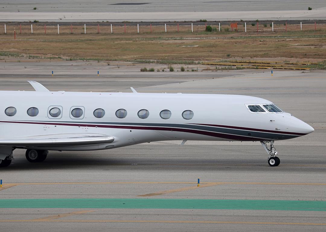 The Qatar Amiri Flight Gulfstream G700 on a runway in Barcelona-El Prat Airport in Spain.