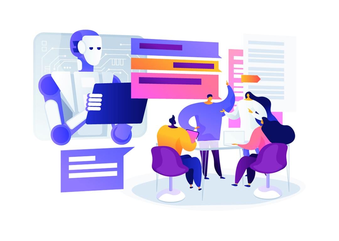 An abstract concept vector illustration of automated meetings using transcription bots.