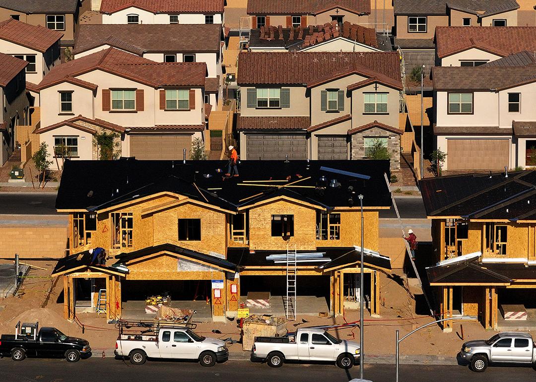 An aerial view of homes under construction at a new housing development in Henderson, Nevada, Las Vegas, USA.