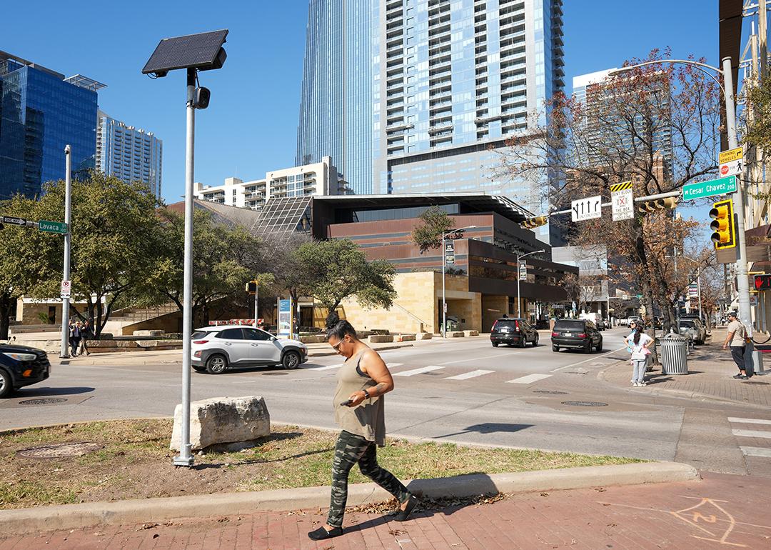 A surveillance camera is seen in the median of West Cesar Chavez Street at Lavaca Street next to Austin City Hall in Texas.