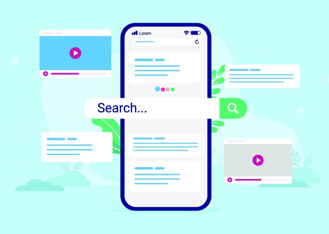 A vector illustration of search engine graphics on a phone screen.