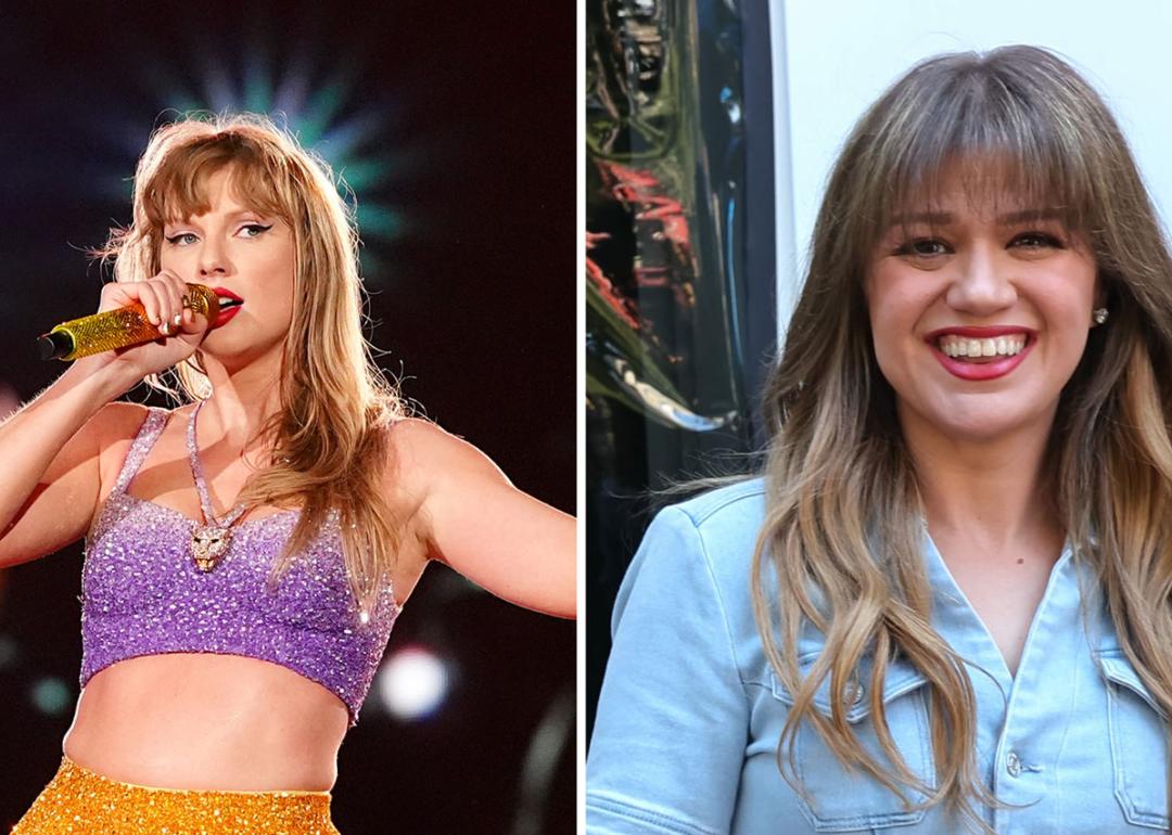 Left: Taylor Swift performs onstage during "Taylor Swift | The Eras Tour",Right: Kelly Clarkson is seen at Tom's Restaurant on September 04, 2024 in New York City.