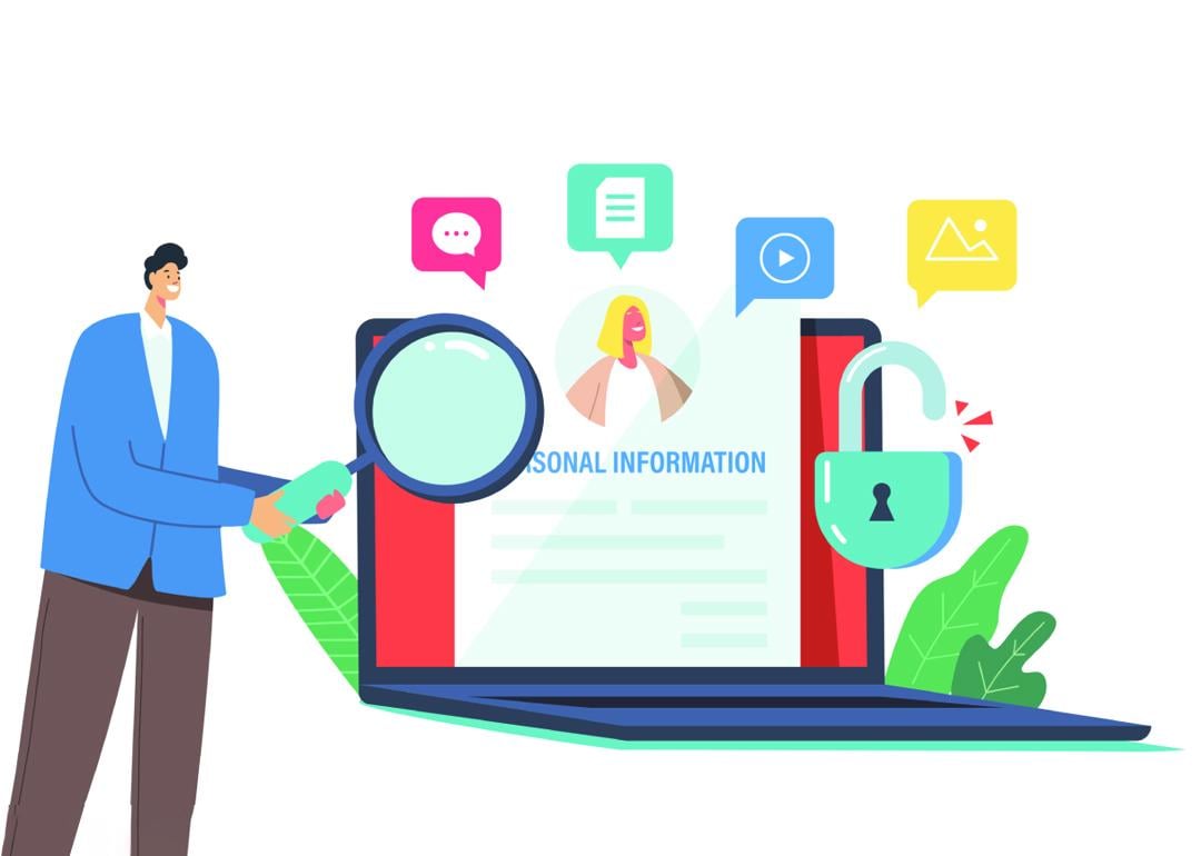 A vector illustration of a person looking up personal information on the web.