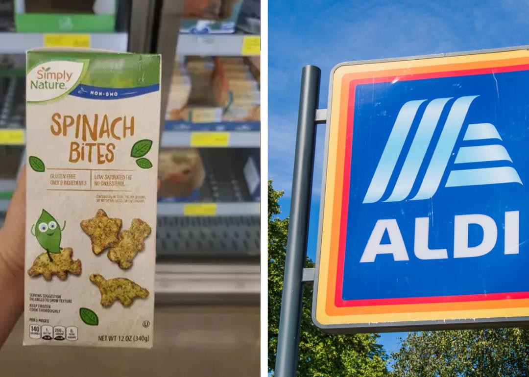 Left: Someone holding a box of Spinach Bites, Right: An Aldi sign