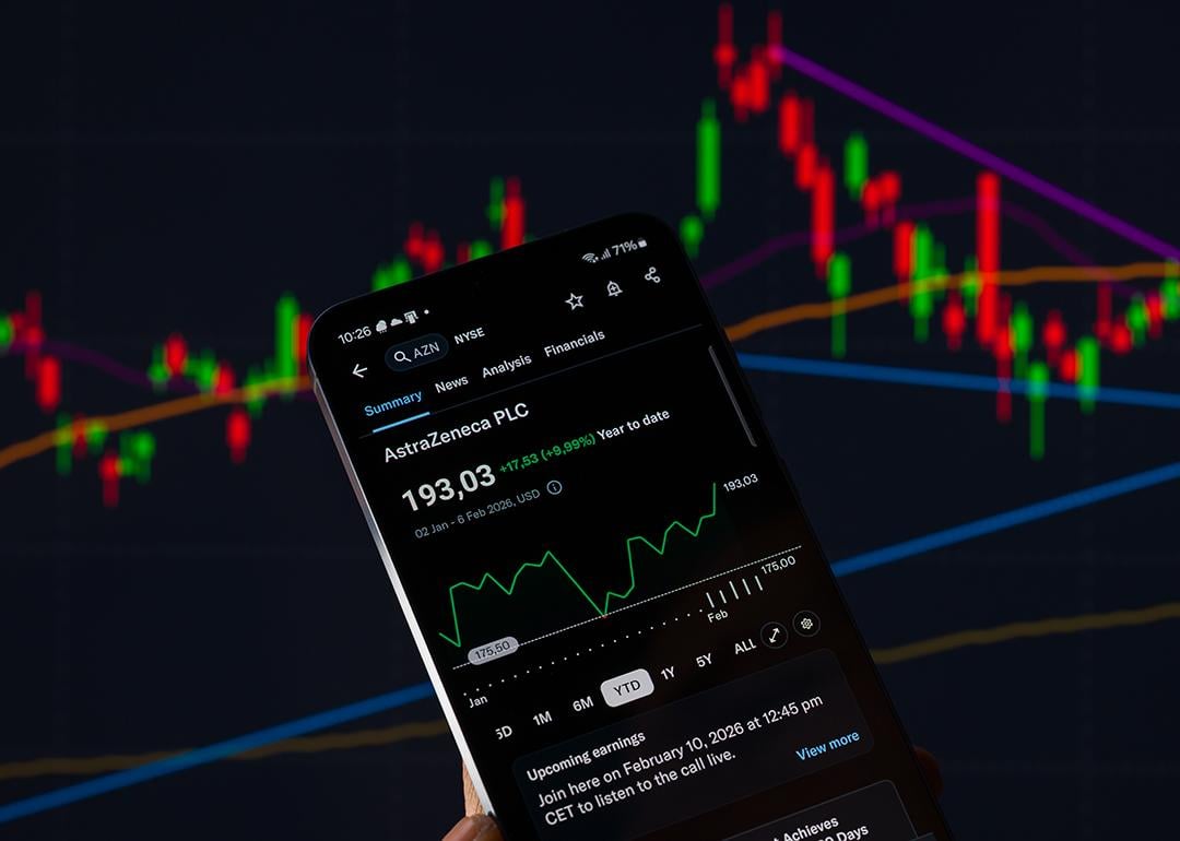 The AstraZeneca stock graph displayed on a mobile phone with other stock charts in the background.