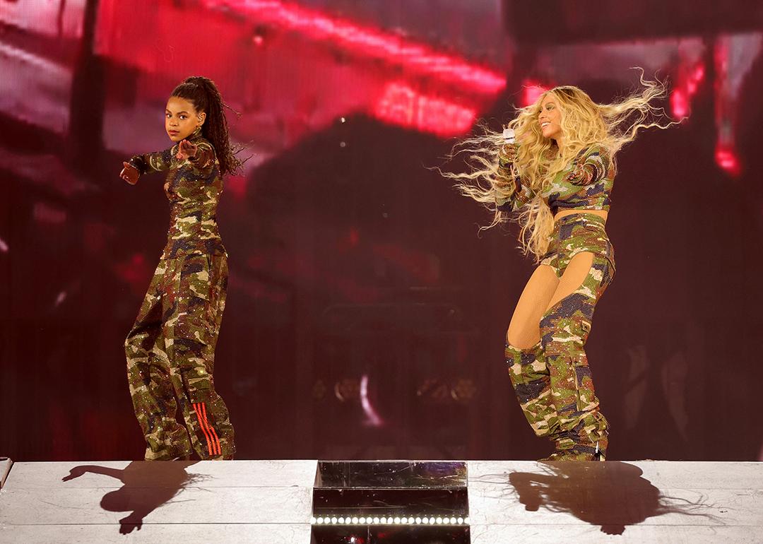 Blue Ivy Carter and Beyoncé perform on stage during the Renaissance World Tour at the Mercedes-Benz Stadium in Atlanta, Georgia.