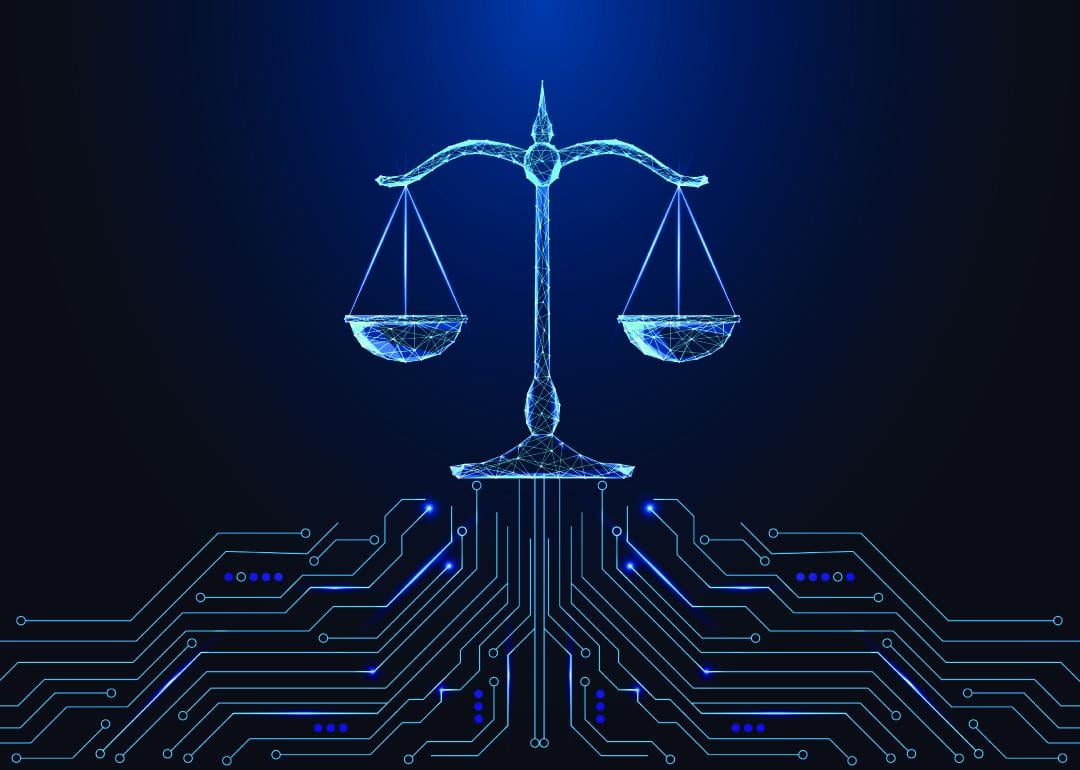 A glowing polygonal balance scale on a futuristic dark blue background as a concept of AI and legal technology.