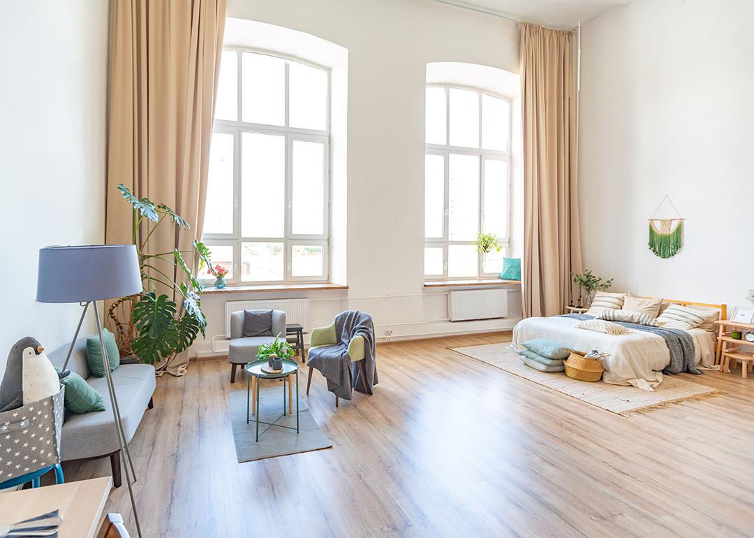 A spacious apartment with a Scandinavian style interior.