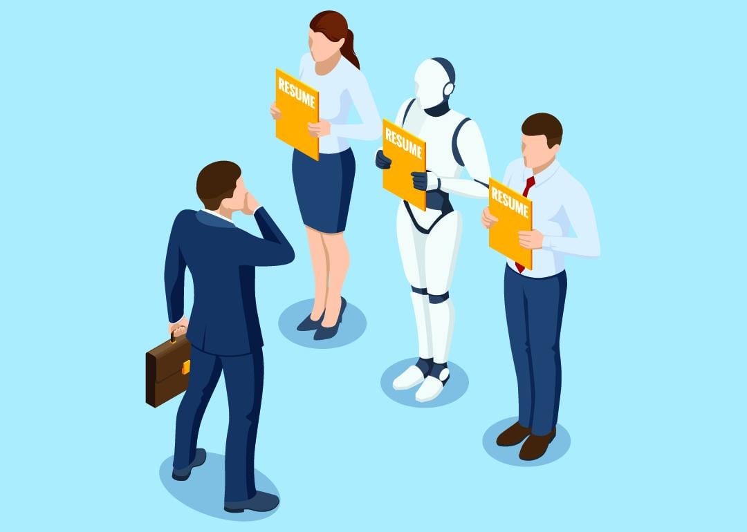 A vector illustration of two job applicants and a recruitment robot during a hiring process.