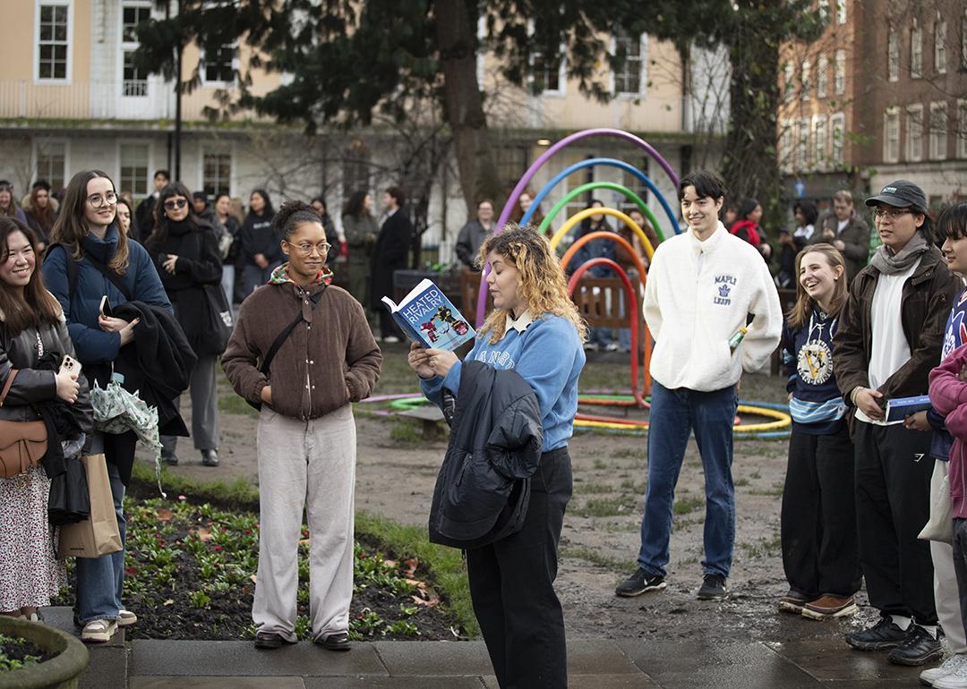 People taking part in a Heated Rivalry lookalike contest inside Soho Square Gardens, London, England. 
