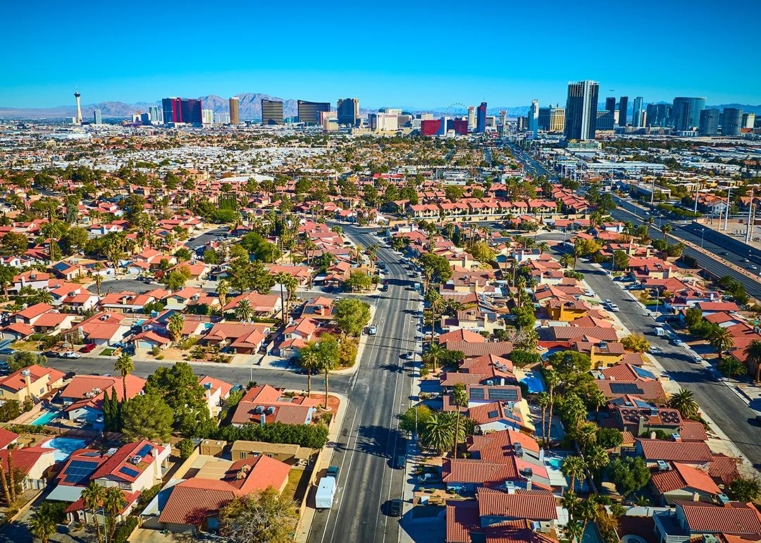An aerial skyline view of a Las Vegas suburb in Nevada, USA. 