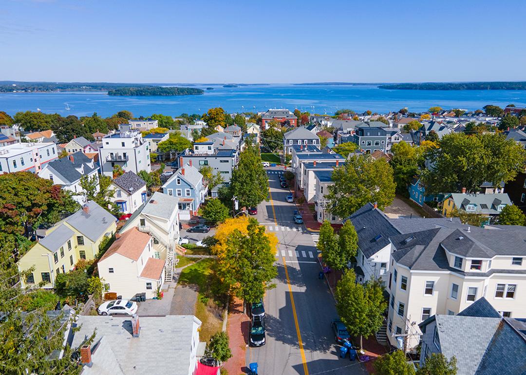 An aerial view of Munjoy Hill's historic neighborhood in Portland, Maine, USA.