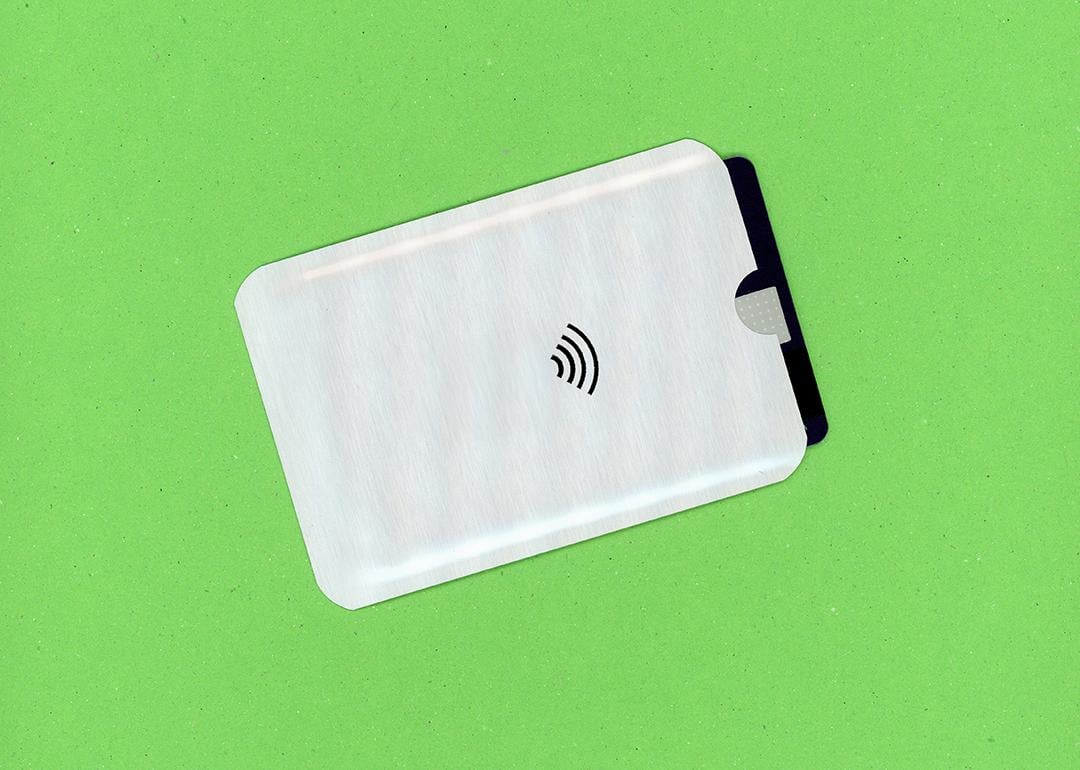 An RFID wallet against a green background.