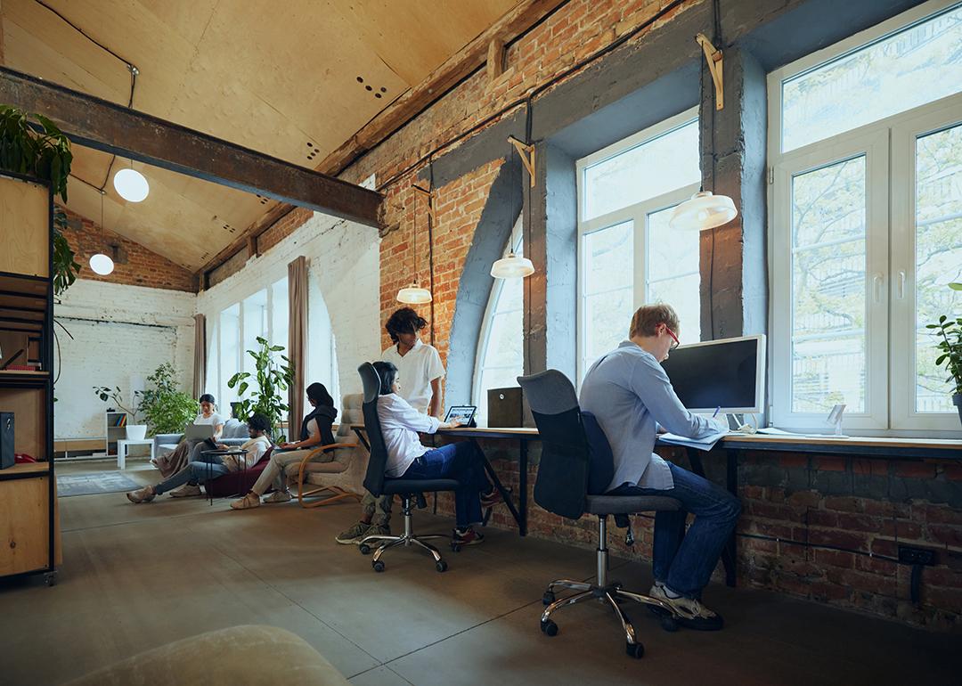 Employees in an interactive co-working space.