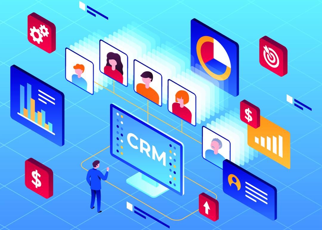 A vector illustration showing strategy icons of CRM (Customer Relationship Management).