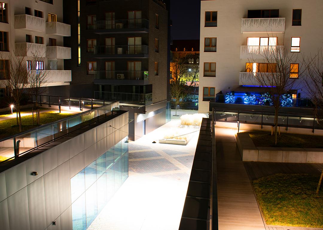 A modern residential complex at night in Wroclaw, Poland. 