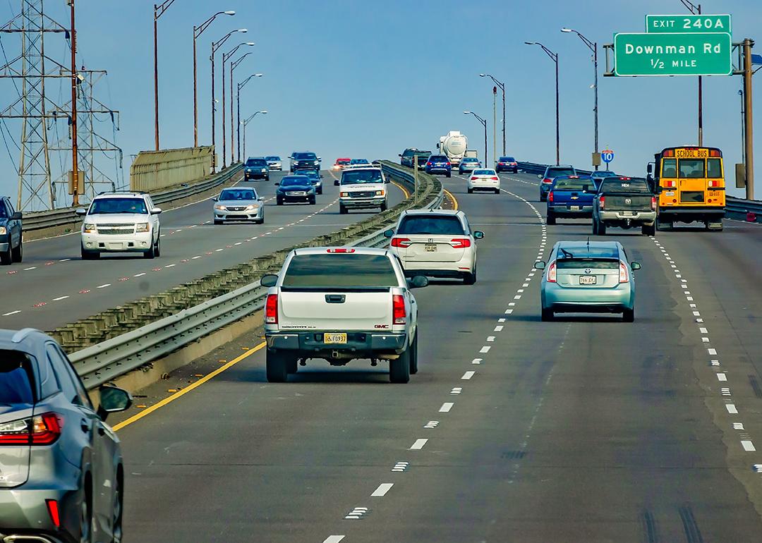 Traffic situation via the I-10 High-Rise Bridge in New Orleans, Louisiana, USA.