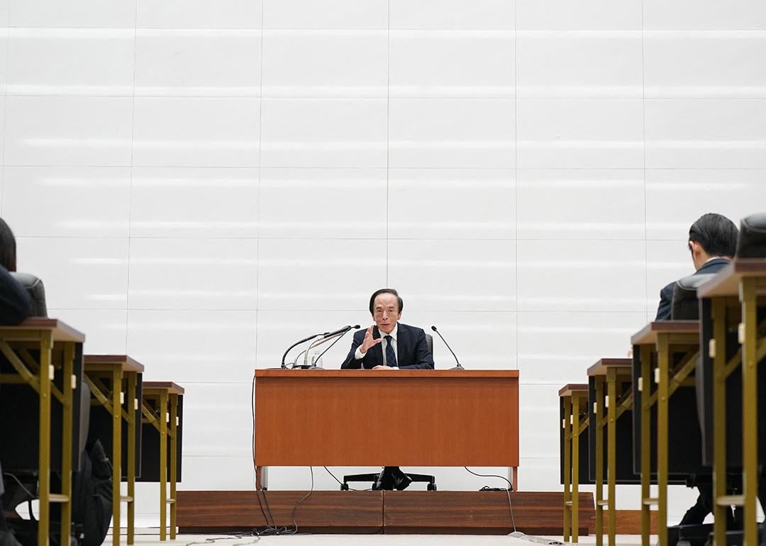 Bank of Japan (BOJ) Governor Kazuo Ueda speaks during a press conference at the BOJ headquarters in Tokyo on March 19, 2026.
