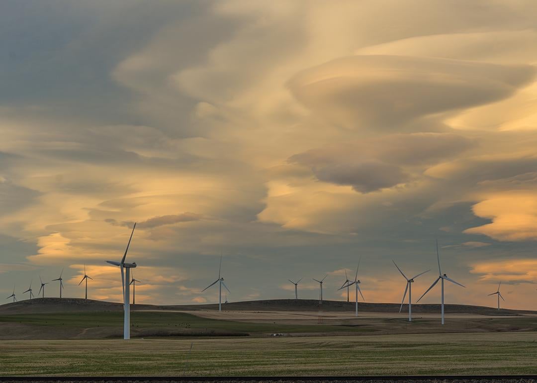 Wind turbines along the Crowsnest Highway near Pincher Creek, Alberta, Canada.