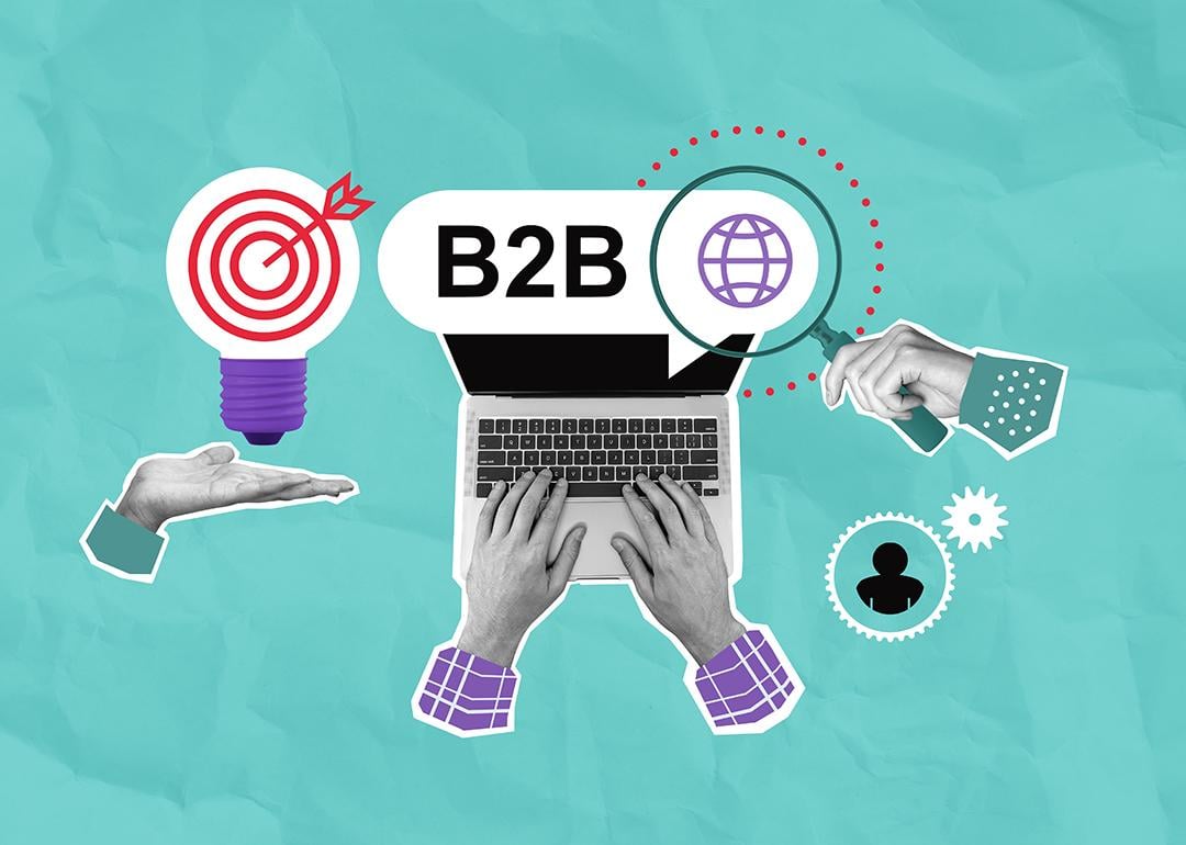 A collage of hands, laptop, and business graphics symbolizing B2B digital marketing on a teal paper background.