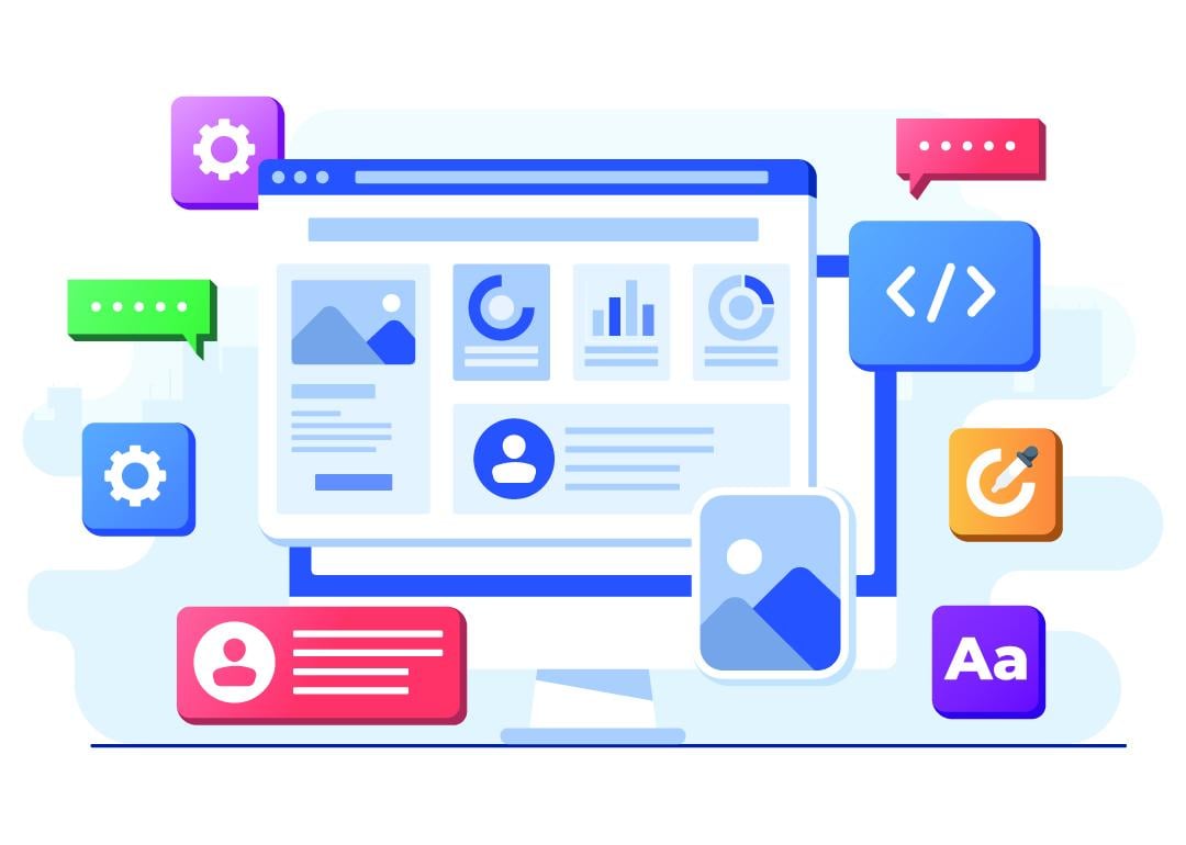 A vector illustration of interface elements and browser windows on computer.