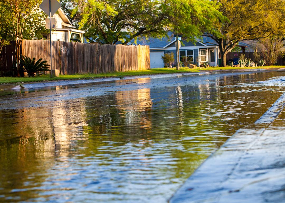 A shallow flood formed along a neighborhood after a thunderstorm.