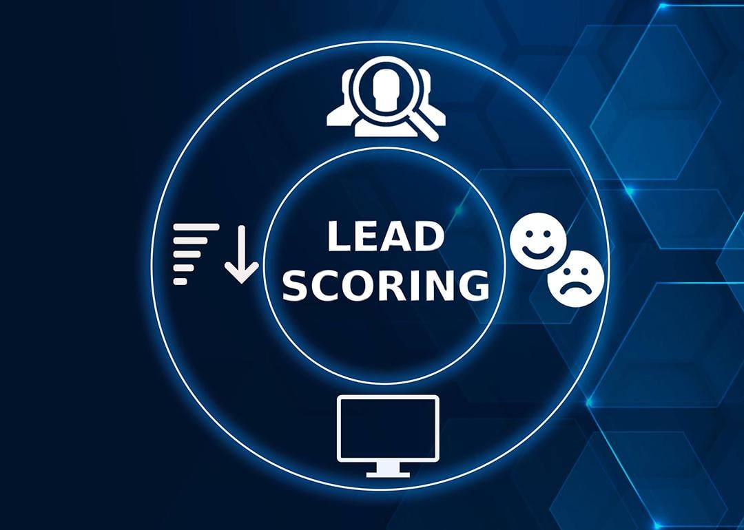 Circular tech graphic showing concept of lead scoring icons.