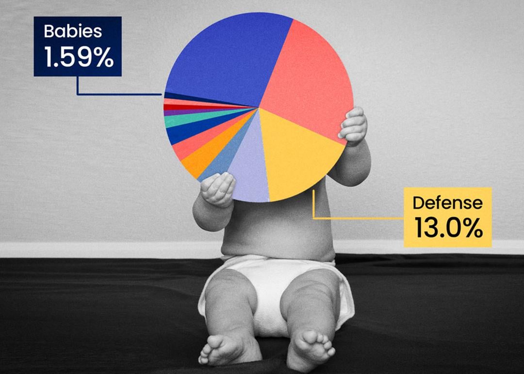 A baby holding an image of a pie chart with categories in different colors.