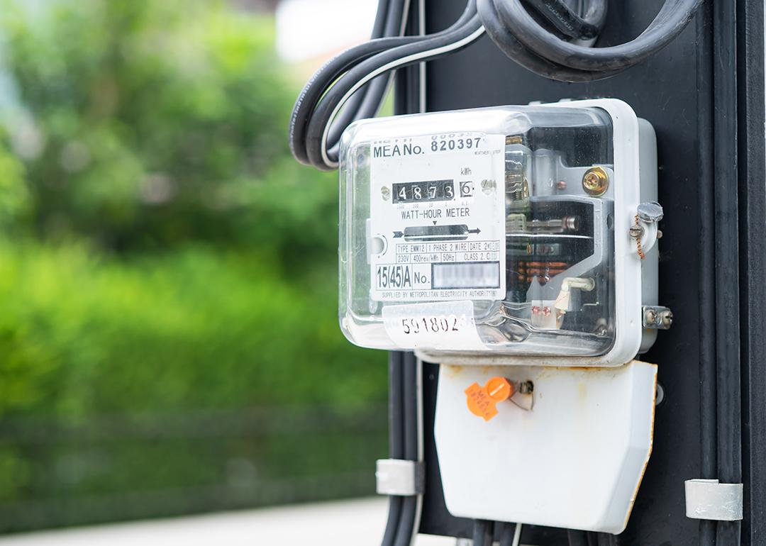 An electric meter measuring power for energy costs.