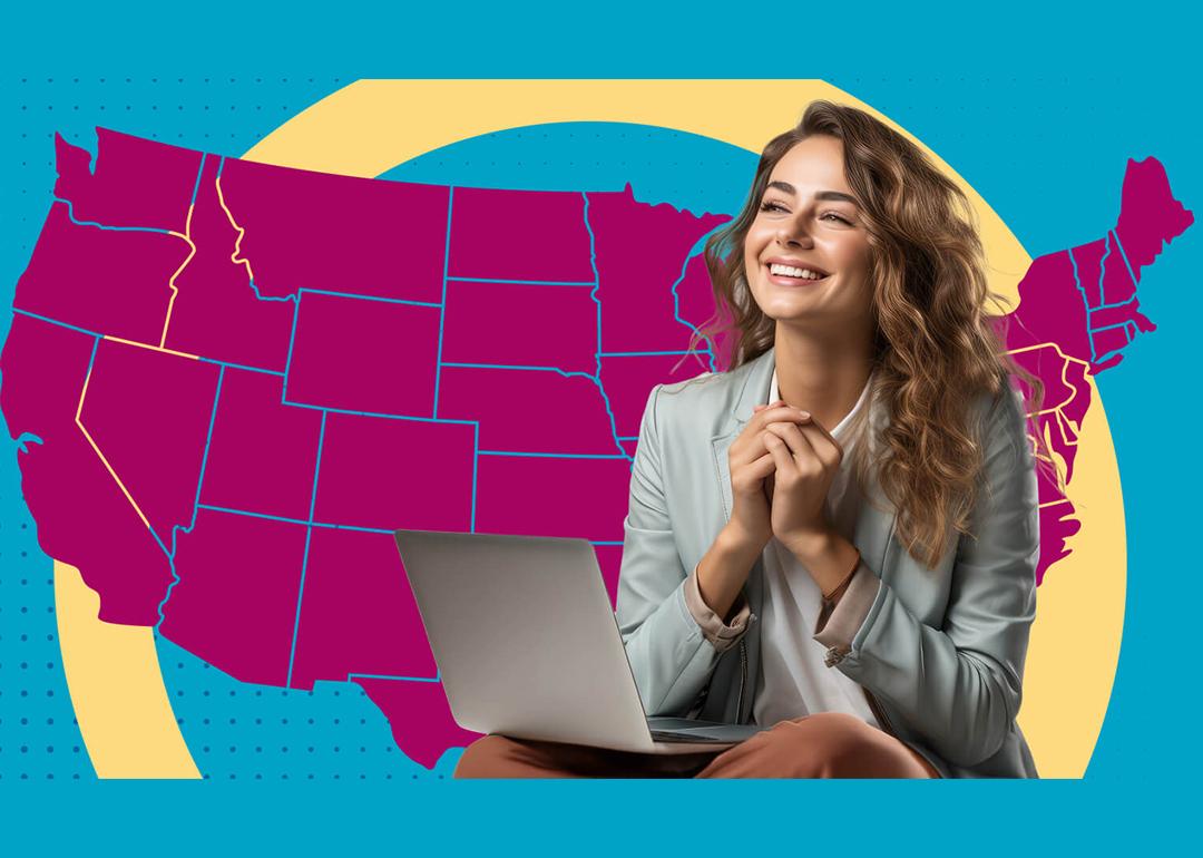A custom illustration of a young happy businesswoman over a map of the US as a concept of starting a business in the U.S.