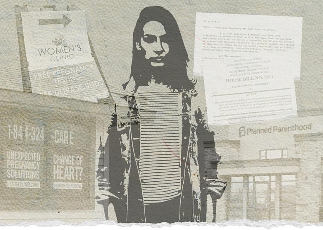 Collage art of a young woman surrounded with pregnancy and planned parenthood concept illustrations.